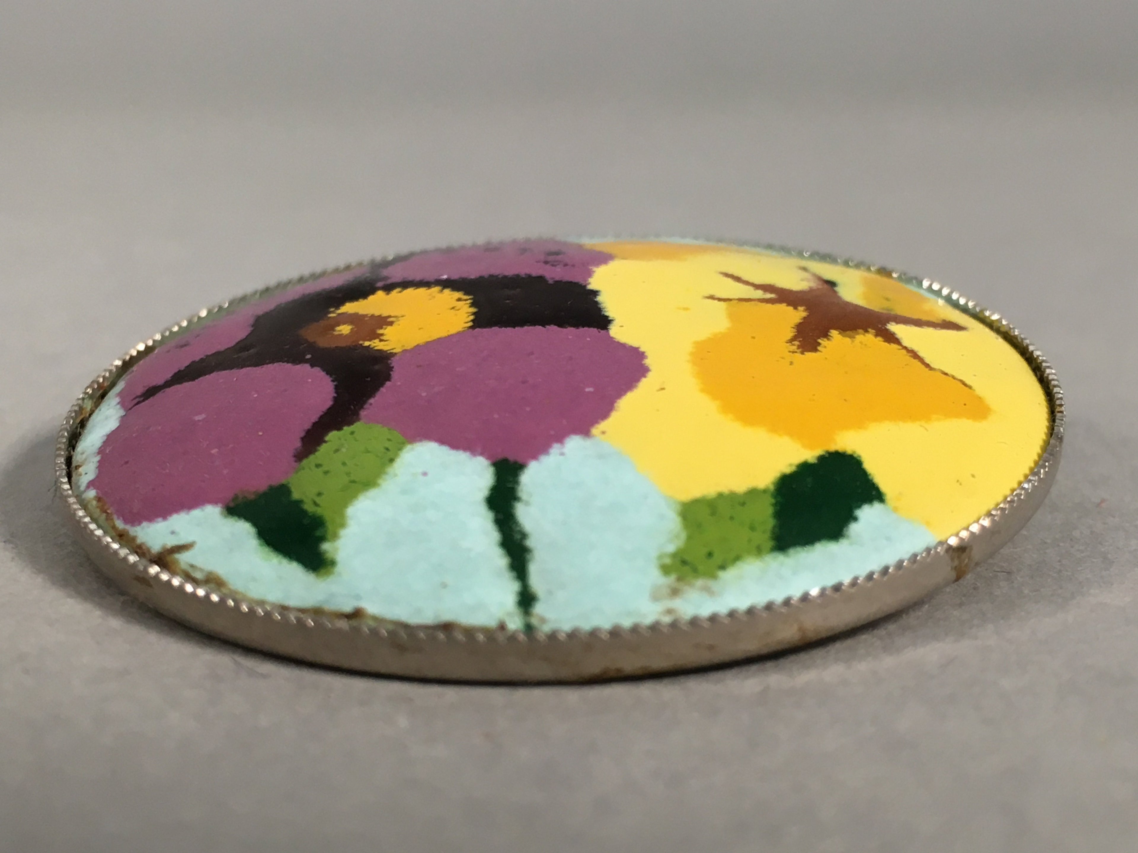 Japanese Cloisonne Round Brooch Vtg Metal Glass Pin Flower Purple Yellow JK49