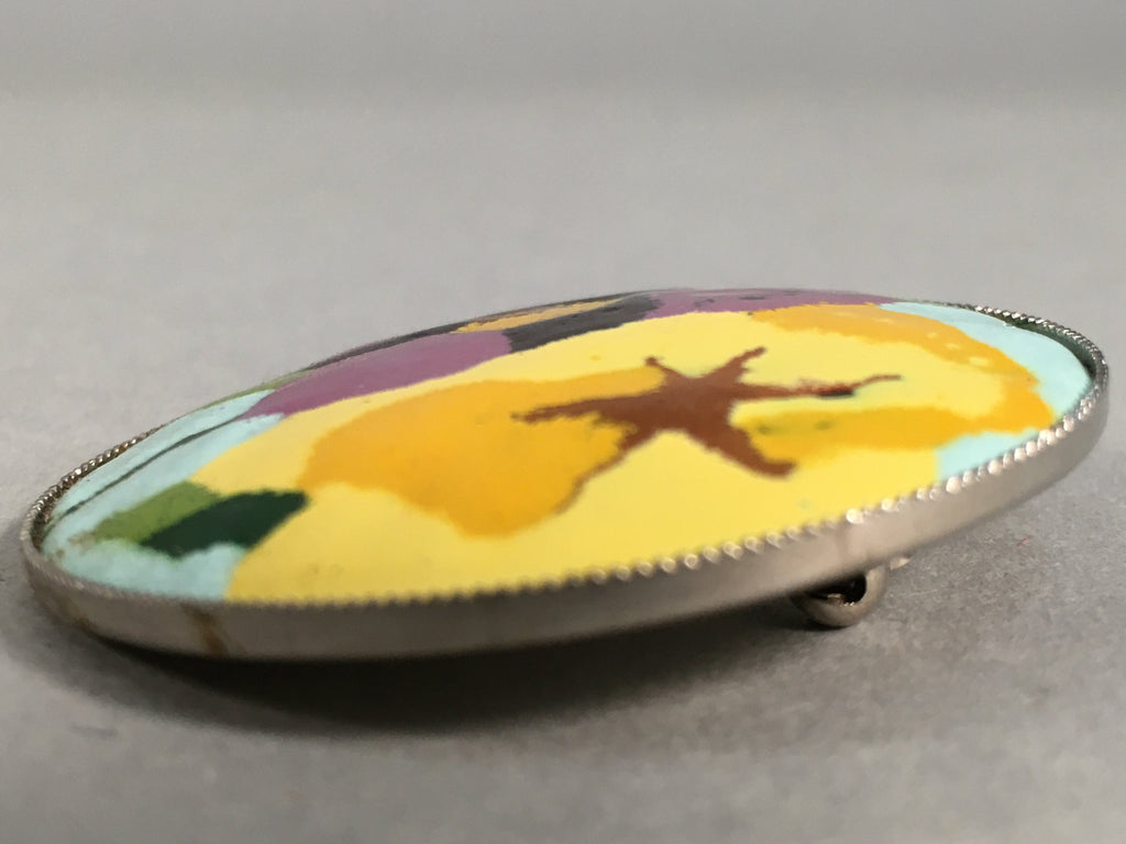 Japanese Cloisonne Round Brooch Vtg Metal Glass Pin Flower Purple Yellow JK49