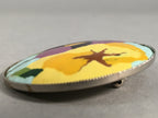 Japanese Cloisonne Round Brooch Vtg Metal Glass Pin Flower Purple Yellow JK49