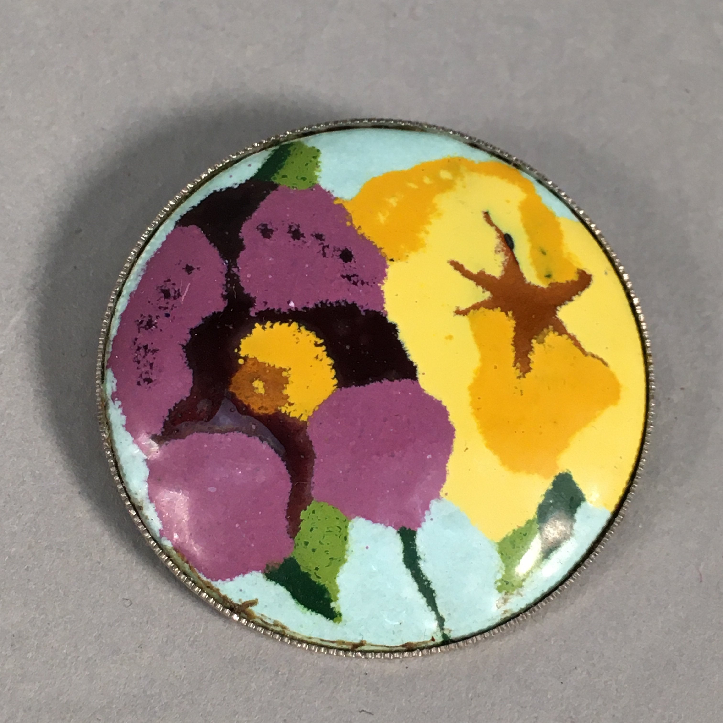 Japanese Cloisonne Round Brooch Vtg Metal Glass Pin Flower Purple Yellow JK49