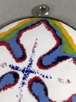 Japanese Cloisonne Round Pendant Vtg Metal Glass Floral Blue Yellow White JK50