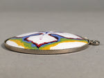 Japanese Cloisonne Round Pendant Vtg Metal Glass Floral Blue Yellow White JK50