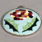 Japanese Cloisonne Round Pendant Vtg Metal Glass Floral Green Leaf JK57