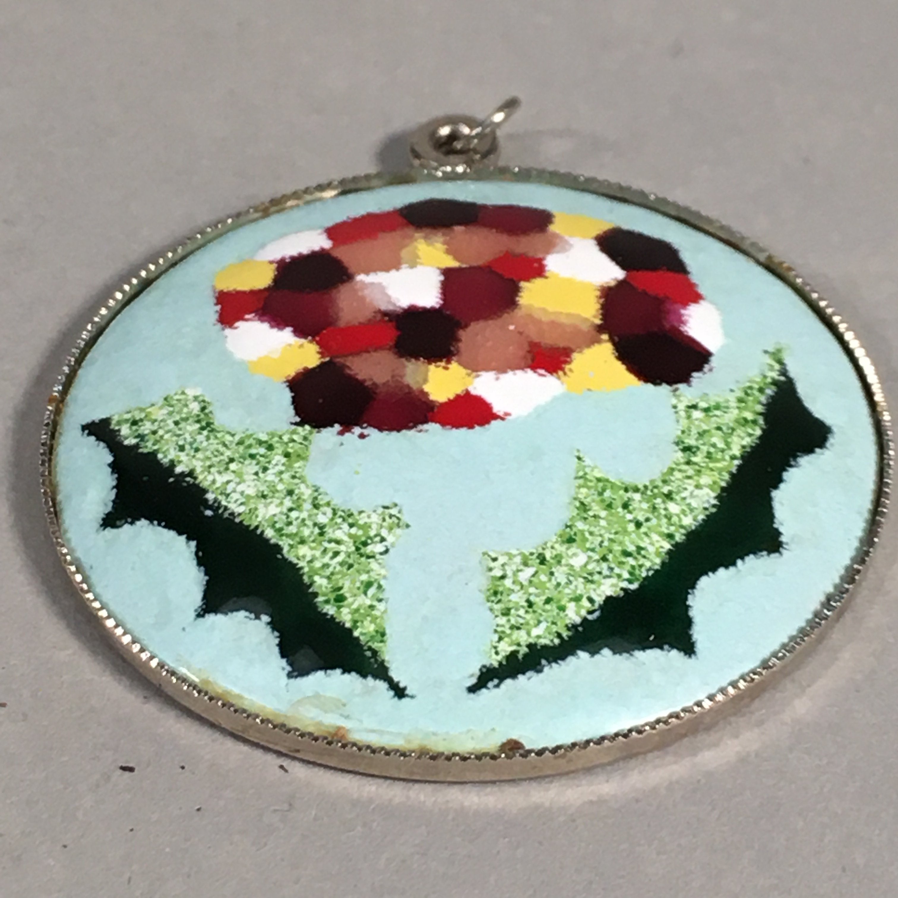 Japanese Cloisonne Round Pendant Vtg Metal Glass Floral Green Leaf JK57