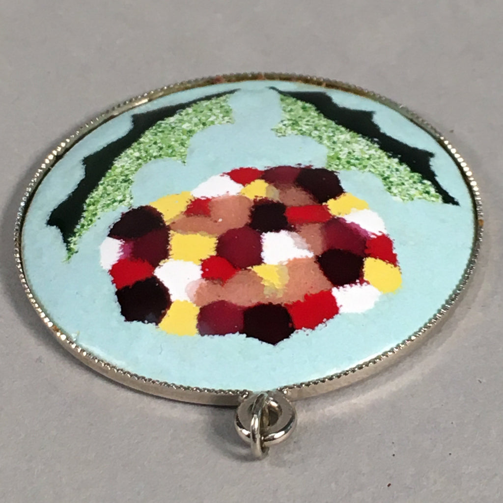 Japanese Cloisonne Round Pendant Vtg Metal Glass Floral Green Leaf JK57