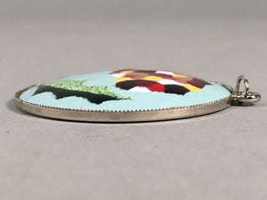 Japanese Cloisonne Round Pendant Vtg Metal Glass Floral Green Leaf JK57