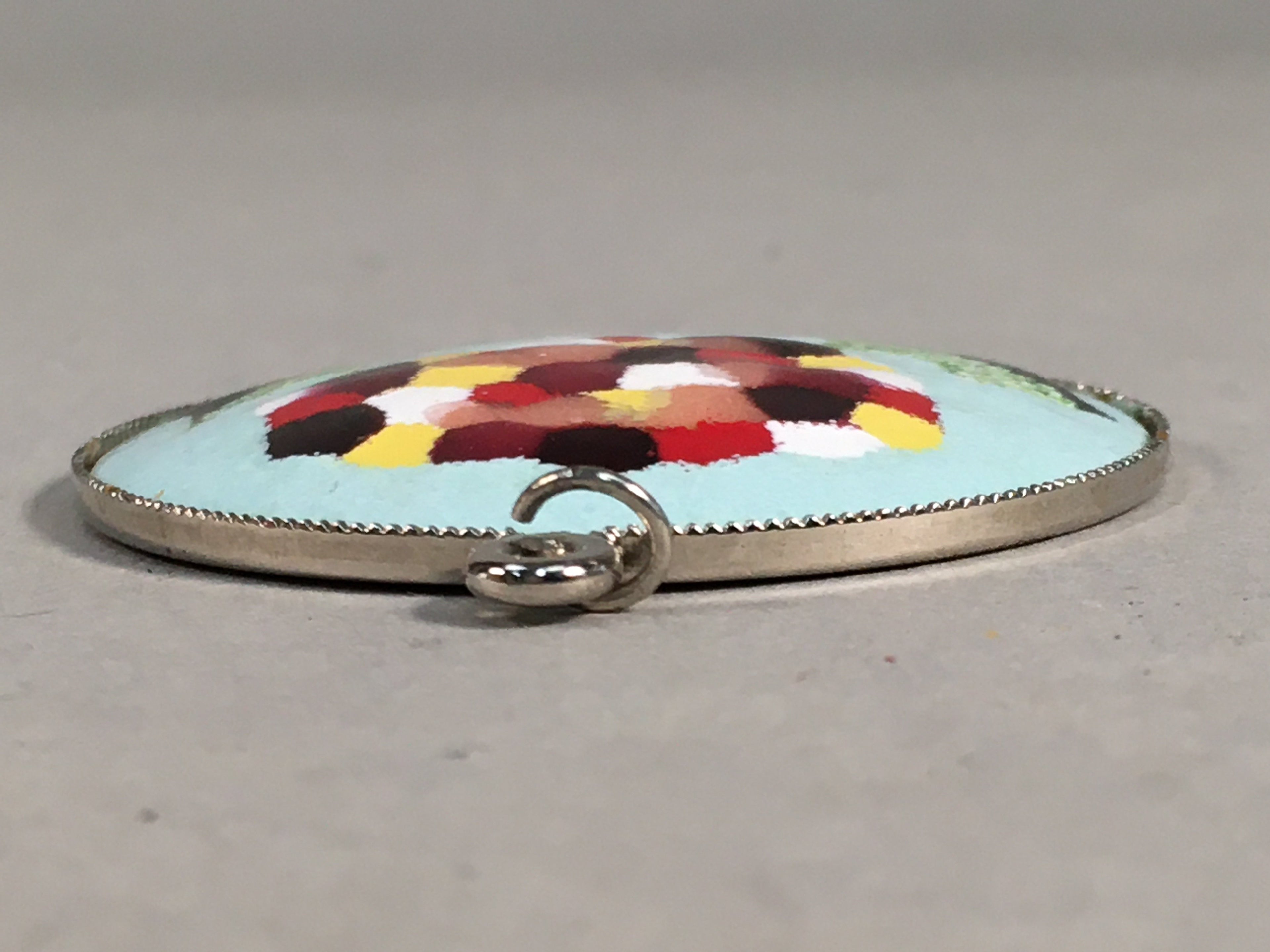 Japanese Cloisonne Round Pendant Vtg Metal Glass Floral Green Leaf JK57