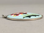 Japanese Cloisonne Round Pendant Vtg Metal Glass Floral Green Leaf JK57