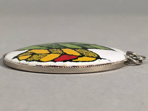 Japanese Cloisonne Round Pendant Vtg Metal Glass Leaf Green Yellow JK48