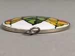 Japanese Cloisonne Round Pendant Vtg Metal Glass Leaf Green Yellow JK48