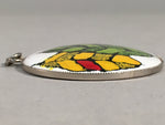 Japanese Cloisonne Round Pendant Vtg Metal Glass Leaf Green Yellow JK48