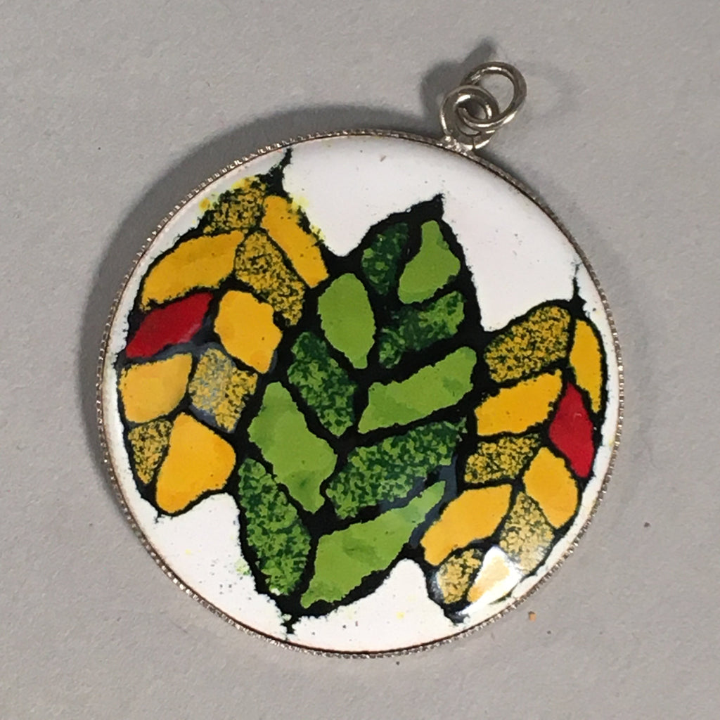 Japanese Cloisonne Round Pendant Vtg Metal Glass Leaf Green Yellow JK48