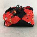 Japanese Cloth Drawstring Bag Vtg Fabric Kimono Pouch Black Red Manekineko KB8