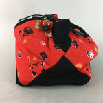 Japanese Cloth Drawstring Bag Vtg Fabric Kimono Pouch Black Red Manekineko KB8