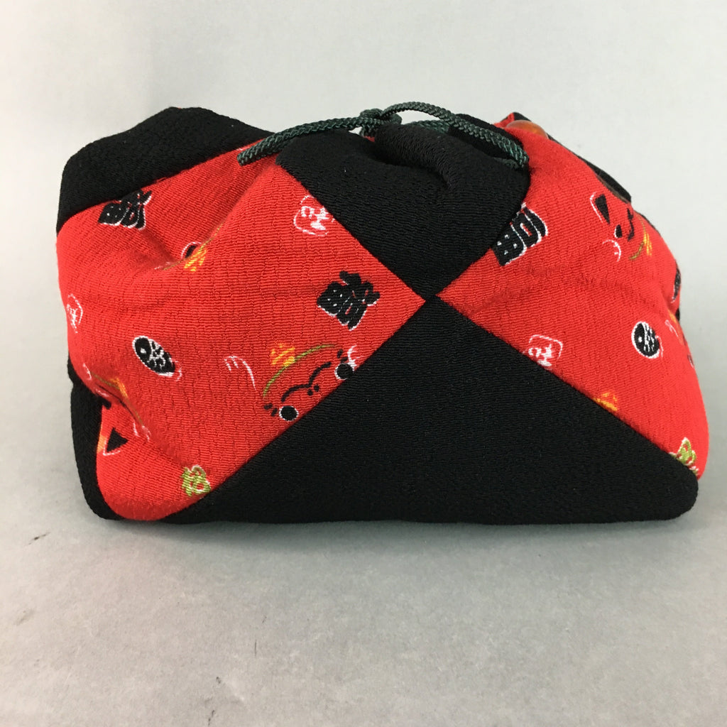 Japanese Cloth Drawstring Bag Vtg Fabric Kimono Pouch Black Red Manekineko KB8