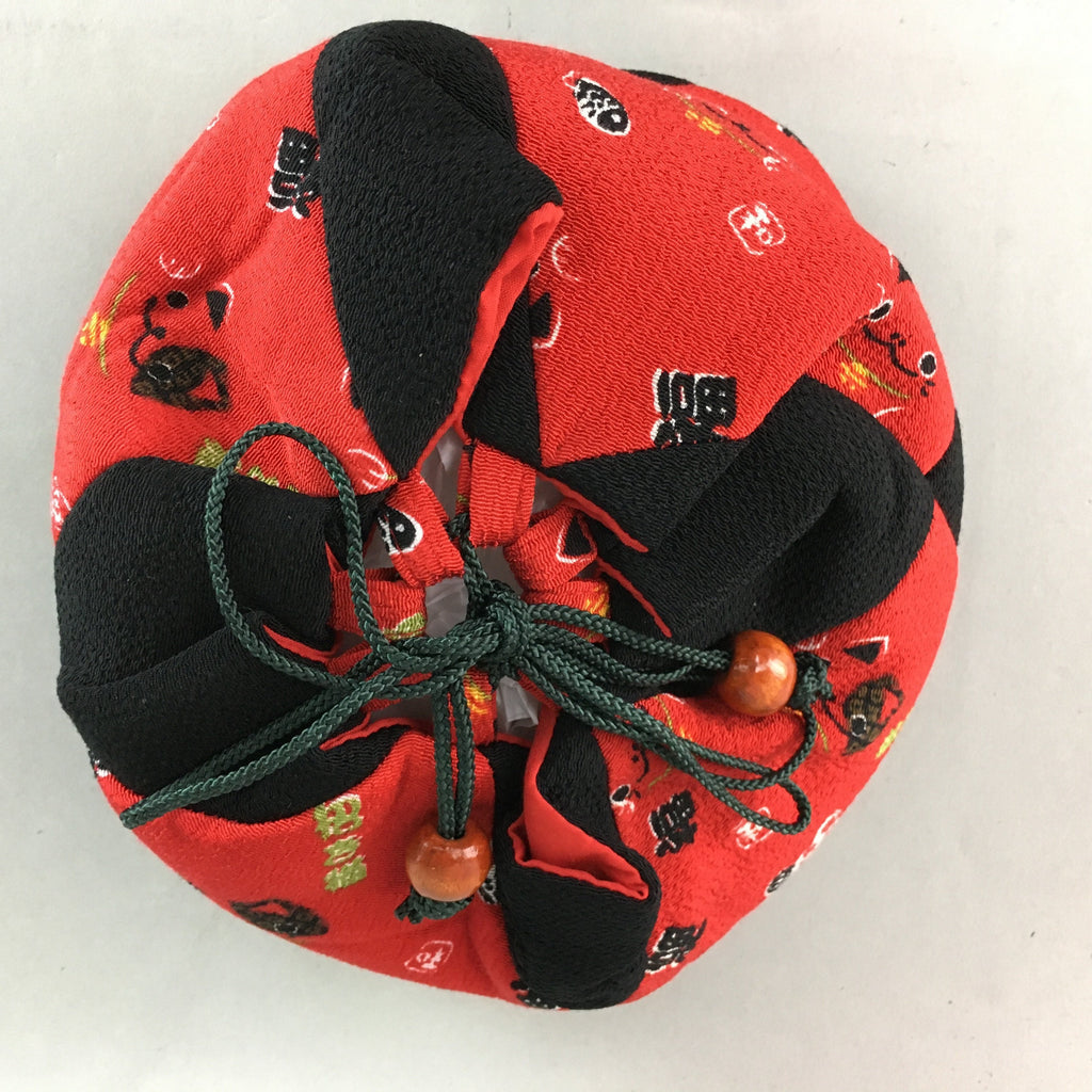 Japanese Cloth Drawstring Bag Vtg Fabric Kimono Pouch Black Red Manekineko KB8