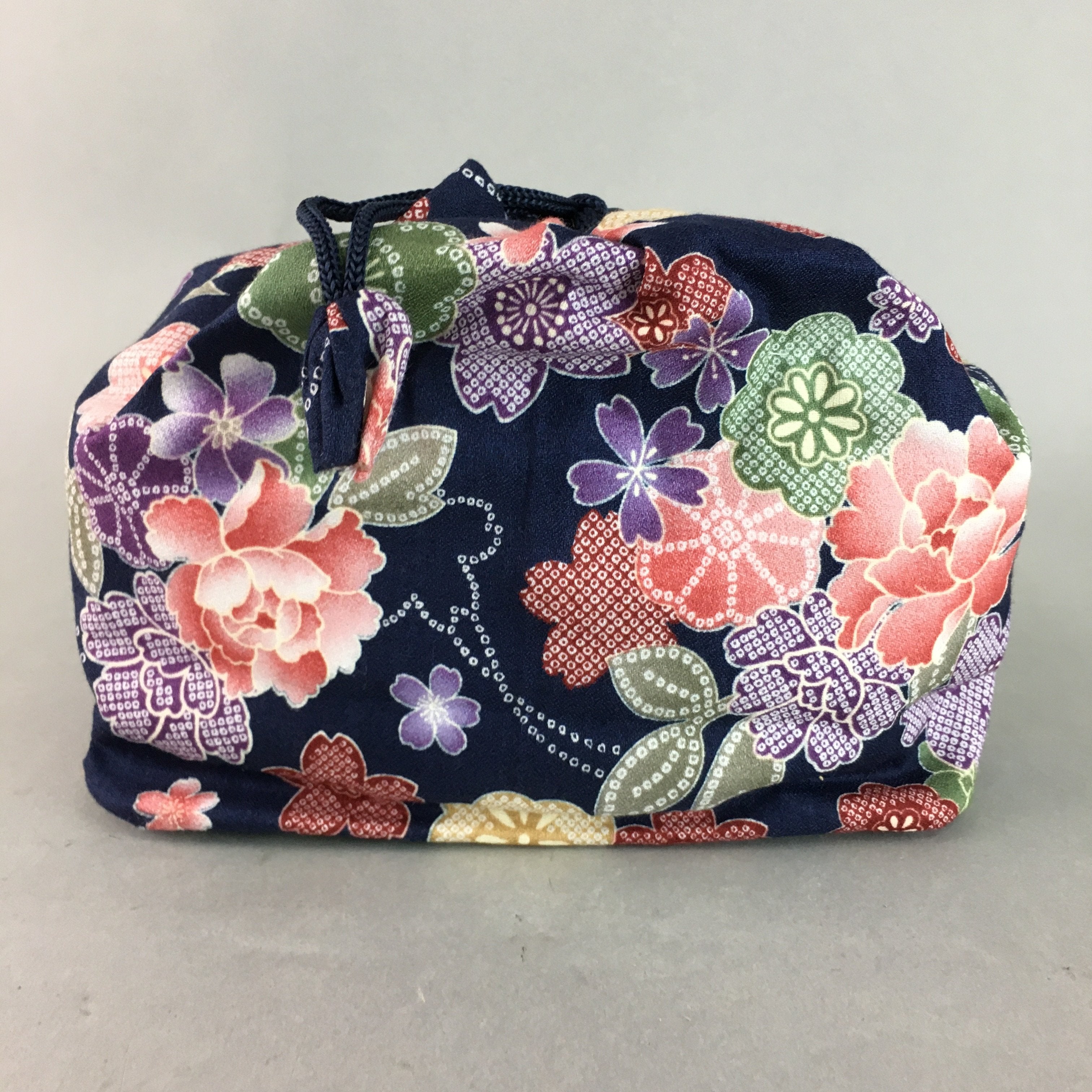 Japanese Cloth Drawstring Bag Vtg Fabric Kimono Pouch Floral Dark Blue KB10