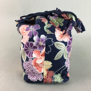 Japanese Cloth Drawstring Bag Vtg Fabric Kimono Pouch Floral Dark Blue KB10