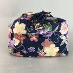 Japanese Cloth Drawstring Bag Vtg Fabric Kimono Pouch Floral Dark Blue KB10