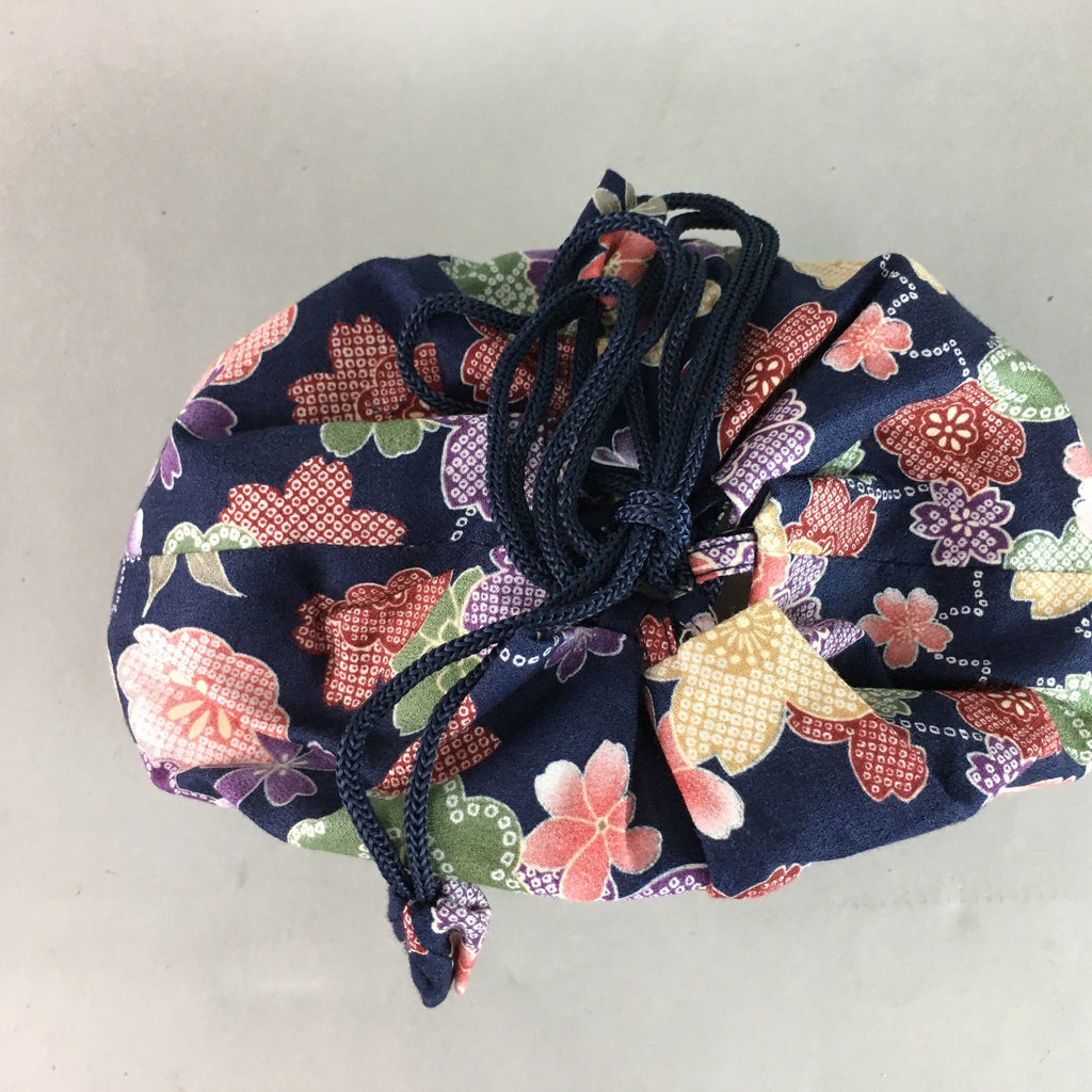 Japanese Cloth Drawstring Bag Vtg Fabric Kimono Pouch Floral Dark Blue KB10