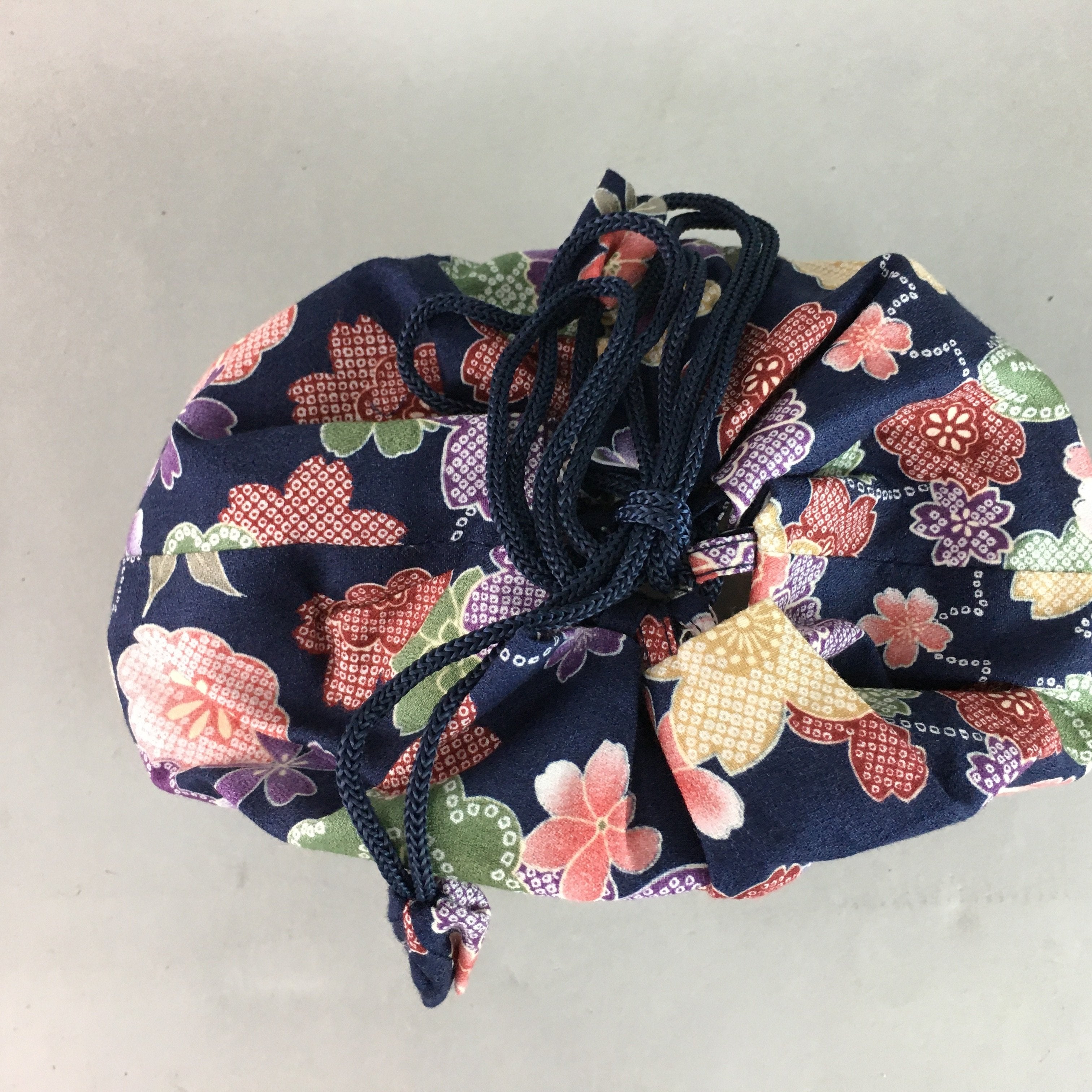 Japanese Cloth Drawstring Bag Vtg Fabric Kimono Pouch Floral Dark Blue KB10