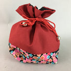 Japanese Cloth Drawstring Bag Vtg Fabric Kimono Pouch Floral Red Black KB13