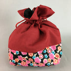 Japanese Cloth Drawstring Bag Vtg Fabric Kimono Pouch Floral Red Black KB13