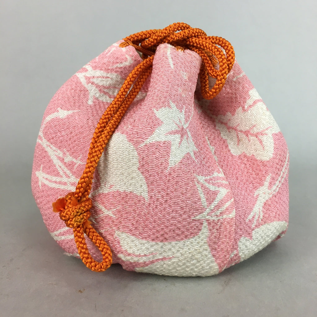 Japanese Cloth Drawstring Bag Vtg Fabric Kimono Pouch Pink Leaf KB17