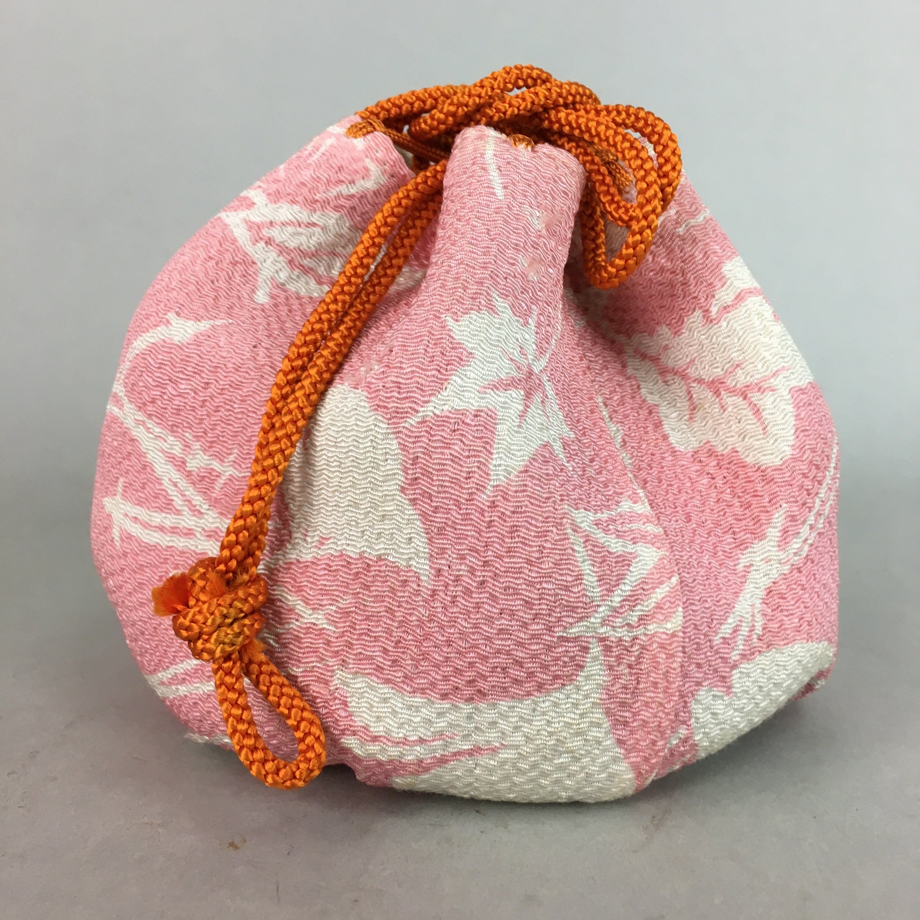 Japanese Cloth Drawstring Bag Vtg Fabric Kimono Pouch Pink Leaf KB17
