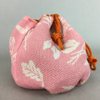 Japanese Cloth Drawstring Bag Vtg Fabric Kimono Pouch Pink Leaf KB17