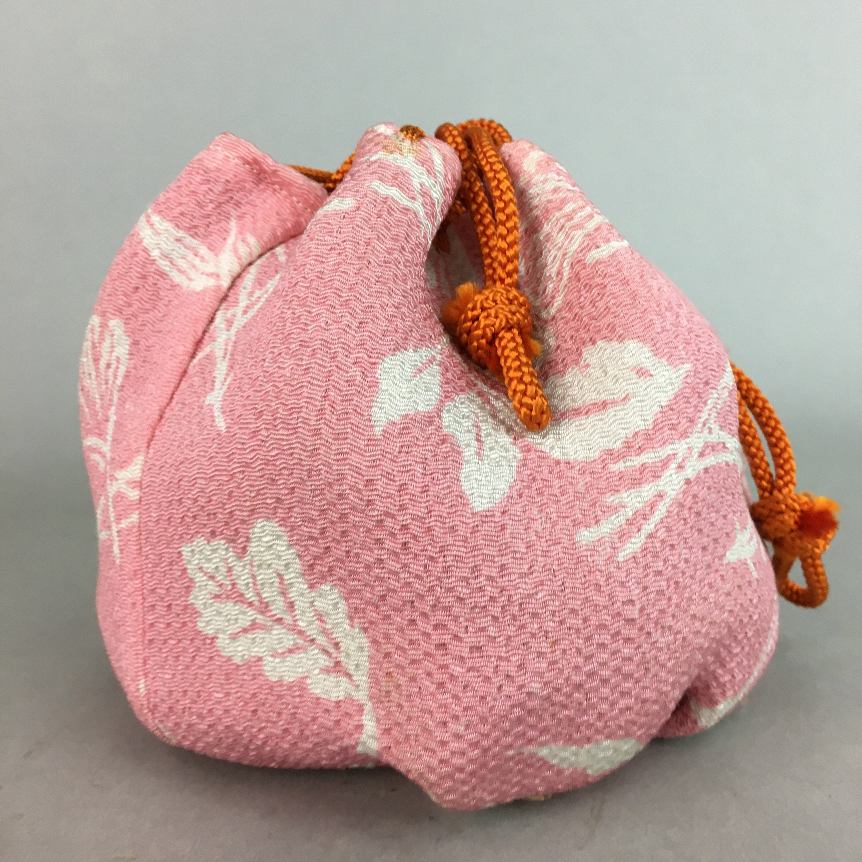 Japanese Cloth Drawstring Bag Vtg Fabric Kimono Pouch Pink Leaf KB17