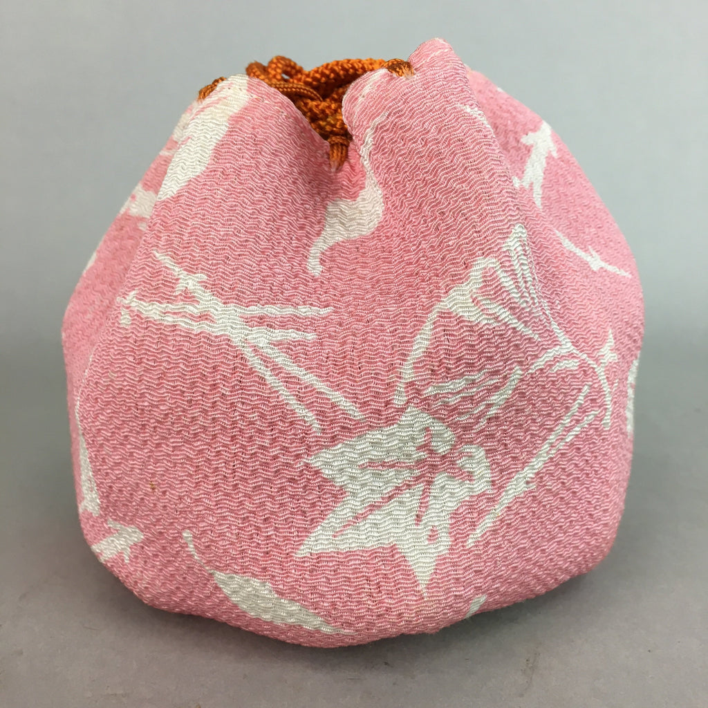 Japanese Cloth Drawstring Bag Vtg Fabric Kimono Pouch Pink Leaf KB17