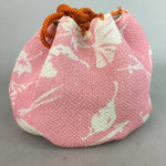 Japanese Cloth Drawstring Bag Vtg Fabric Kimono Pouch Pink Leaf KB17