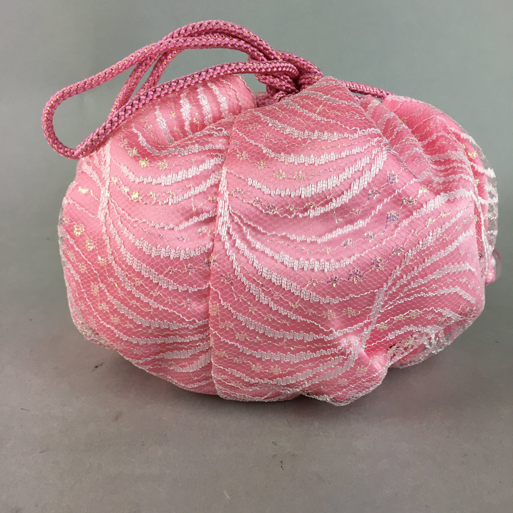 Japanese Cloth Drawstring Bag Vtg Fabric Kimono Pouch Pink Satin Lace KB16