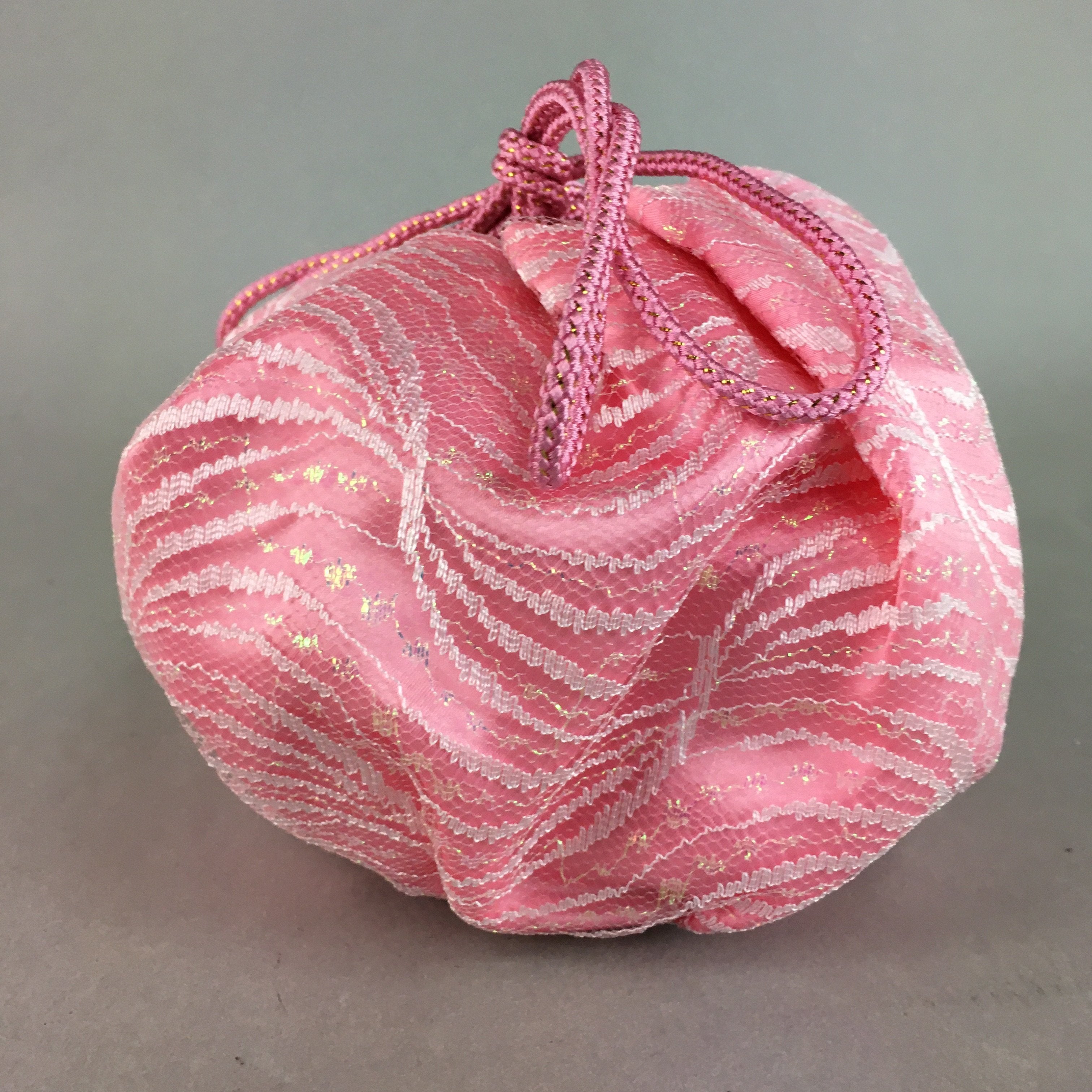 Japanese Cloth Drawstring Bag Vtg Fabric Kimono Pouch Pink Satin Lace KB16