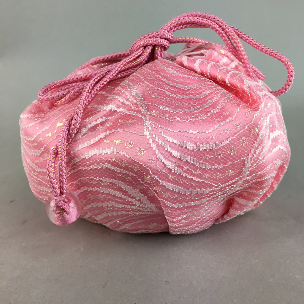 Japanese Cloth Drawstring Bag Vtg Fabric Kimono Pouch Pink Satin Lace KB16