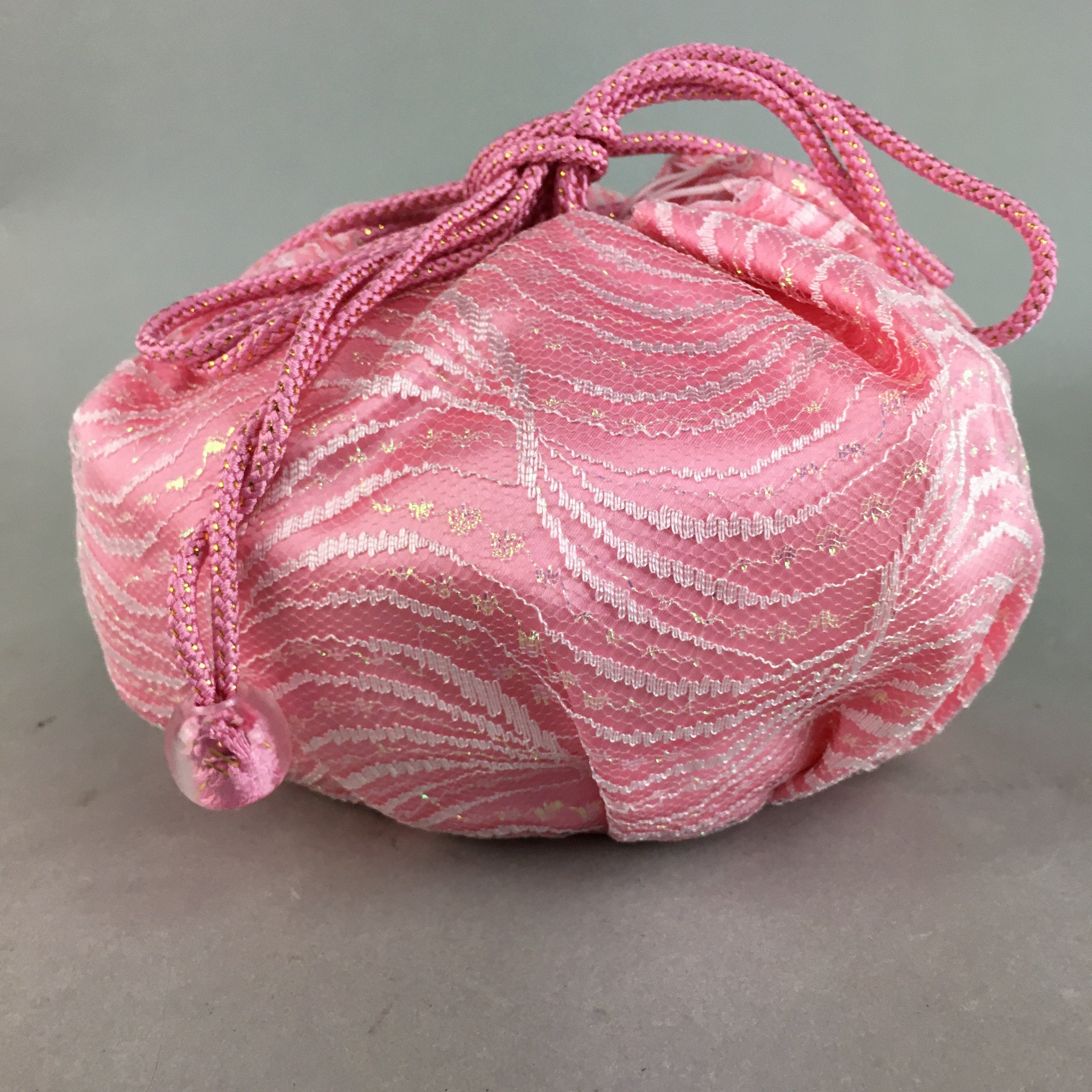 Japanese Cloth Drawstring Bag Vtg Fabric Kimono Pouch Pink Satin Lace KB16