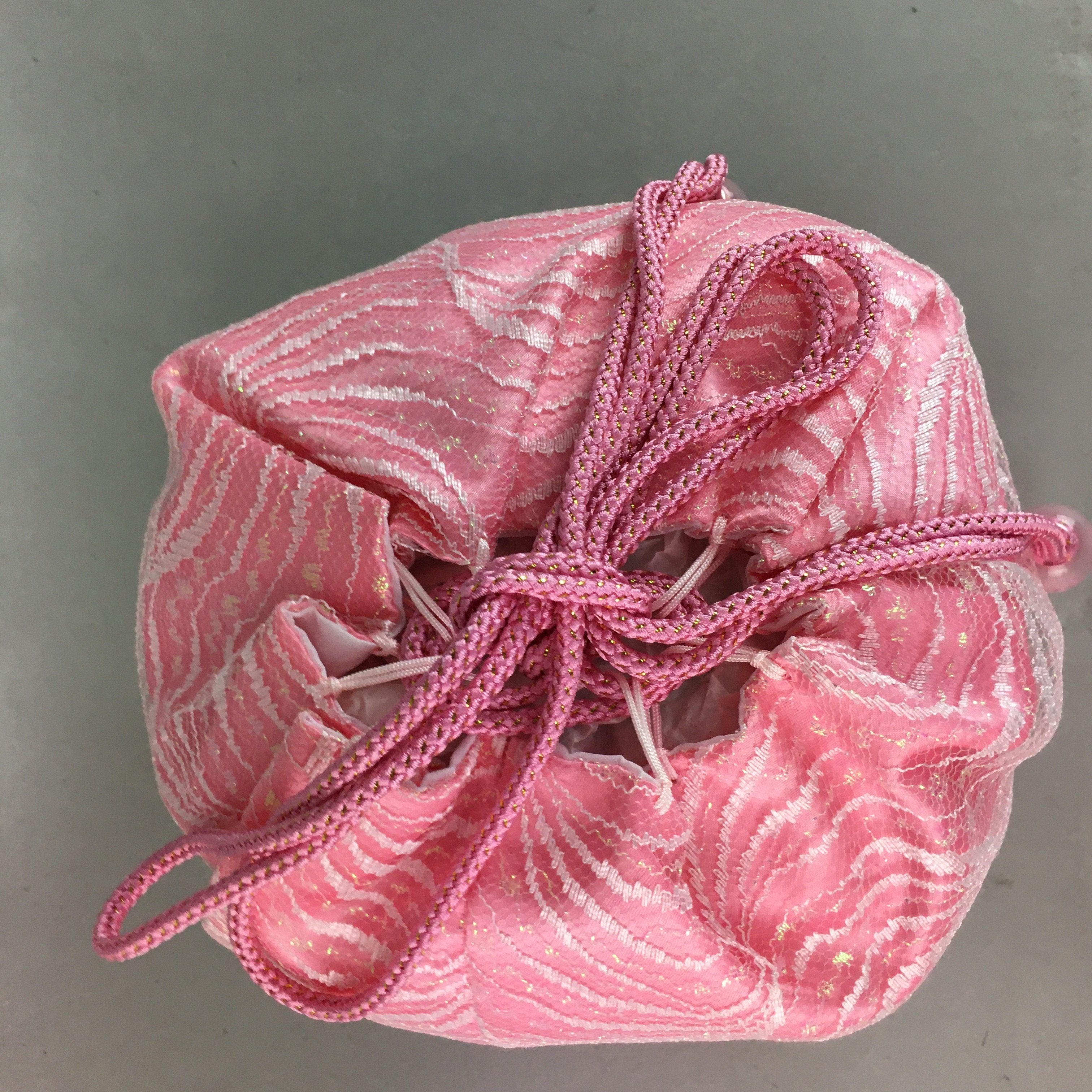 Japanese Cloth Drawstring Bag Vtg Fabric Kimono Pouch Pink Satin Lace KB16