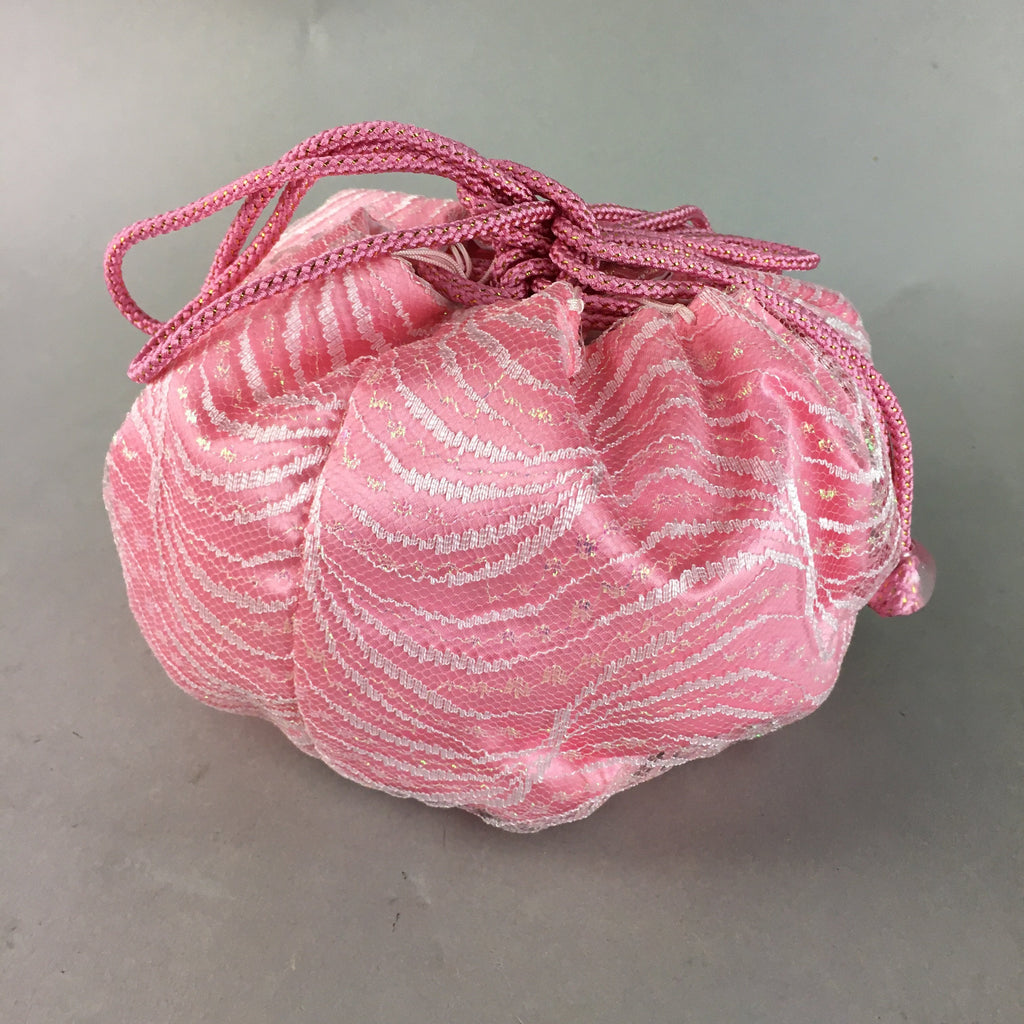 Japanese Cloth Drawstring Bag Vtg Fabric Kimono Pouch Pink Satin Lace KB16