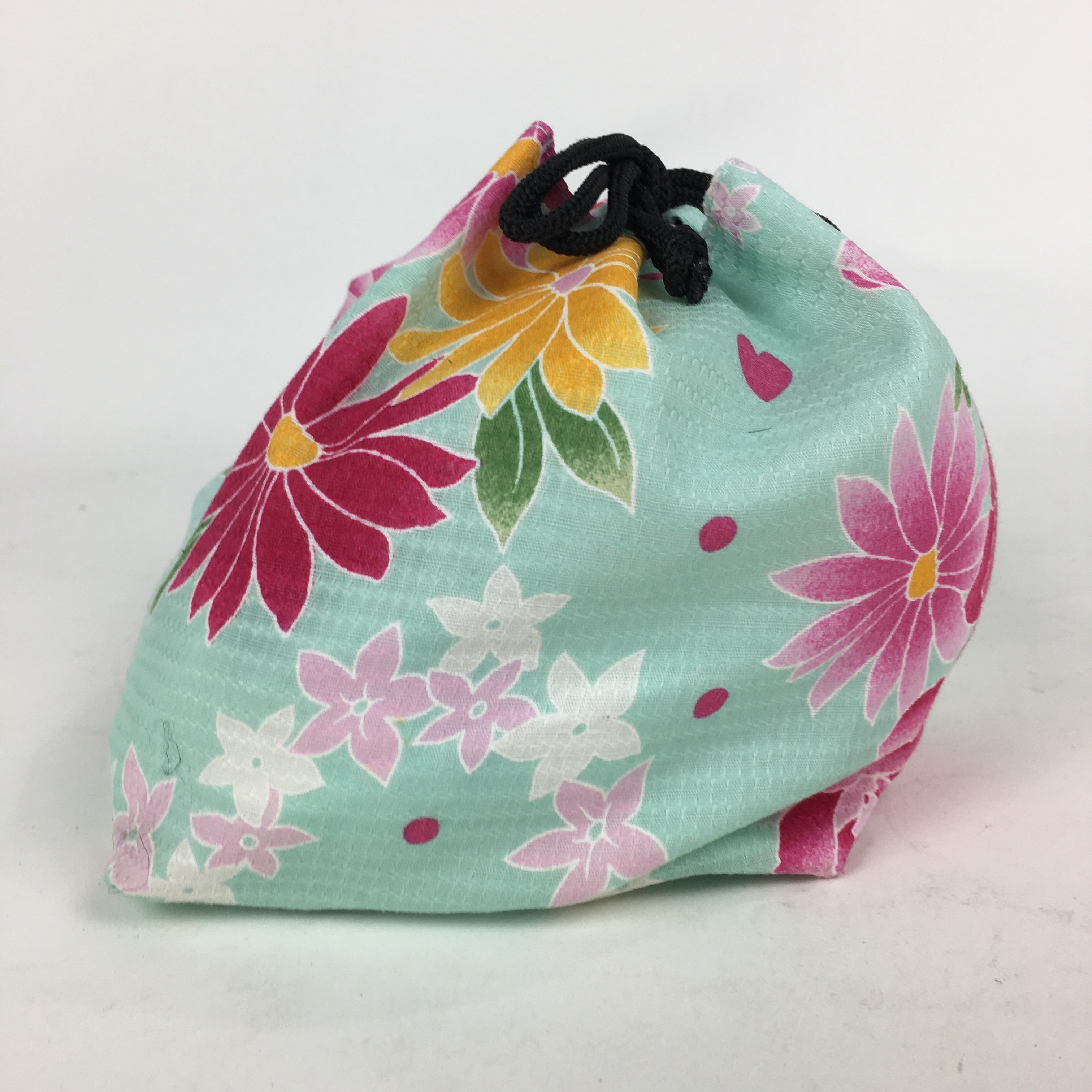 Japanese Cloth Drawstring Bag Vtg Fabric Pouch Flower Kinchaku