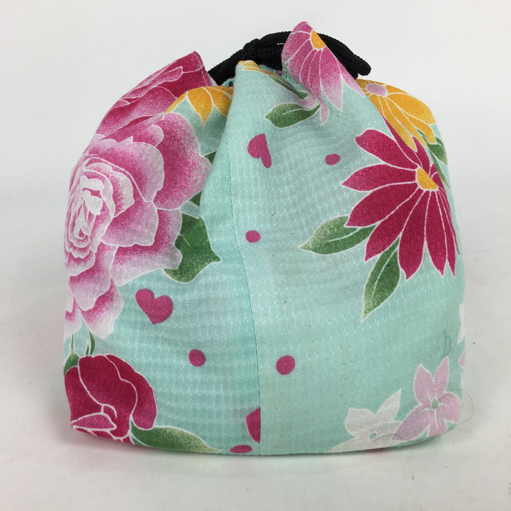 Japanese Cloth Drawstring Bag Vtg Fabric Pouch Flower Kinchaku-Bukuro KB25