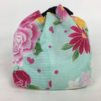 Japanese Cloth Drawstring Bag Vtg Fabric Pouch Flower Kinchaku-Bukuro KB25