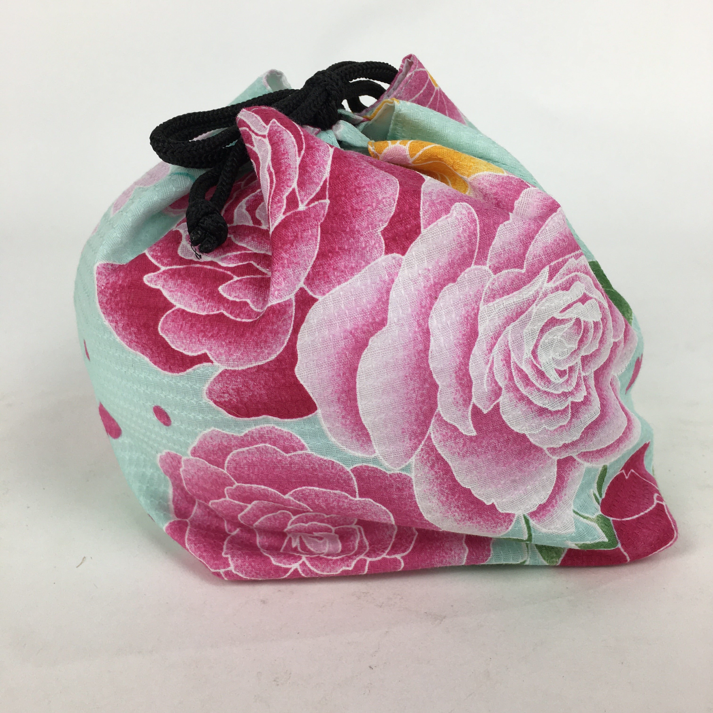 Japanese Cloth Drawstring Bag Vtg Fabric Pouch Flower Kinchaku-Bukuro KB25