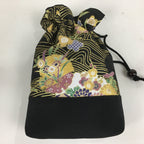Japanese Cloth Drawstring Bag Vtg Kimono Fabric Pouch Black Kinchaku-Bukuro KB22