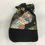Japanese Cloth Drawstring Bag Vtg Kimono Fabric Pouch Black Kinchaku-Bukuro KB22