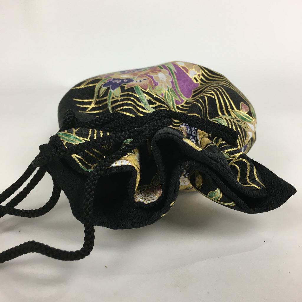 Japanese Cloth Drawstring Bag Vtg Kimono Fabric Pouch Black Kinchaku-Bukuro KB22
