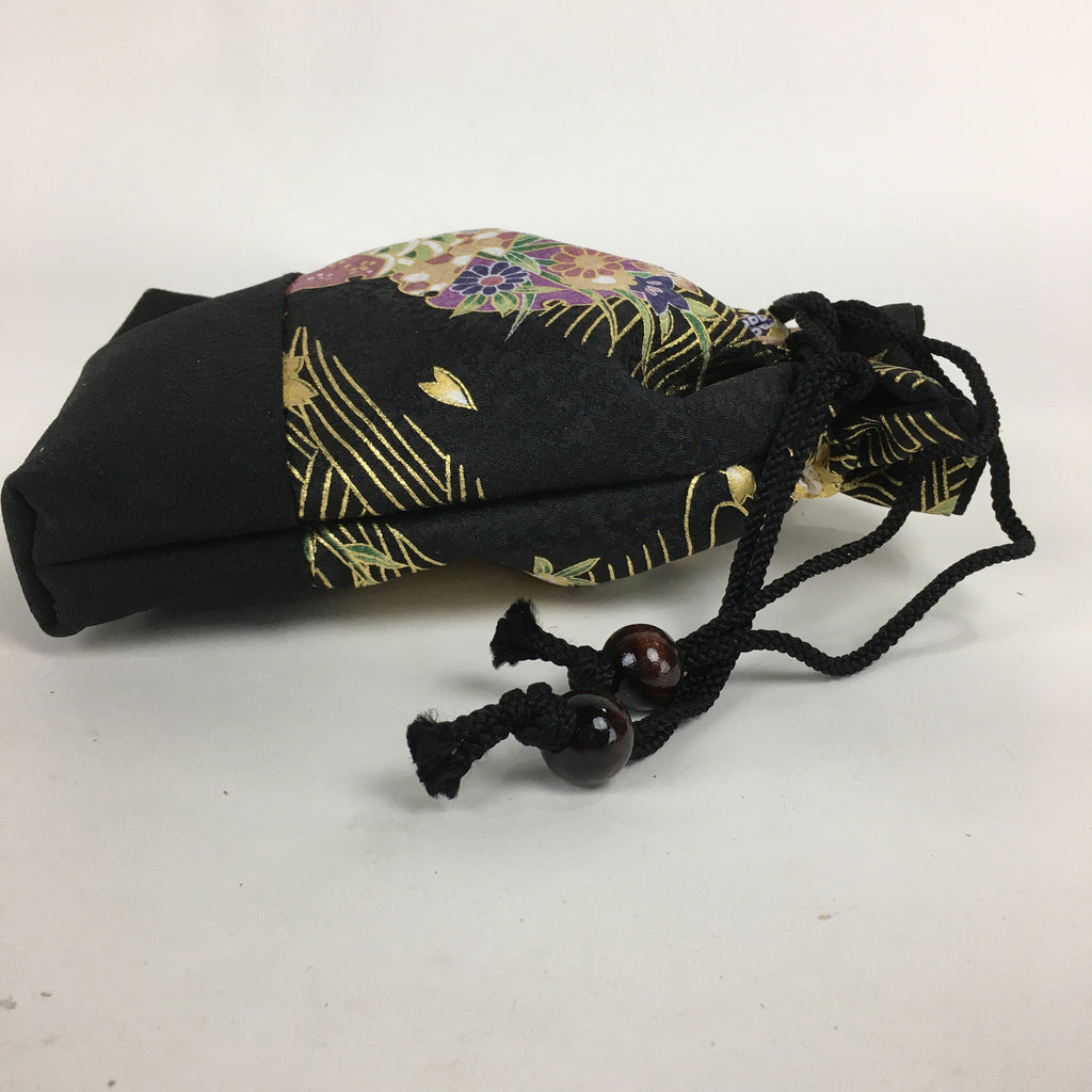 Japanese Cloth Drawstring Bag Vtg Kimono Fabric Pouch Black Kinchaku-Bukuro KB22