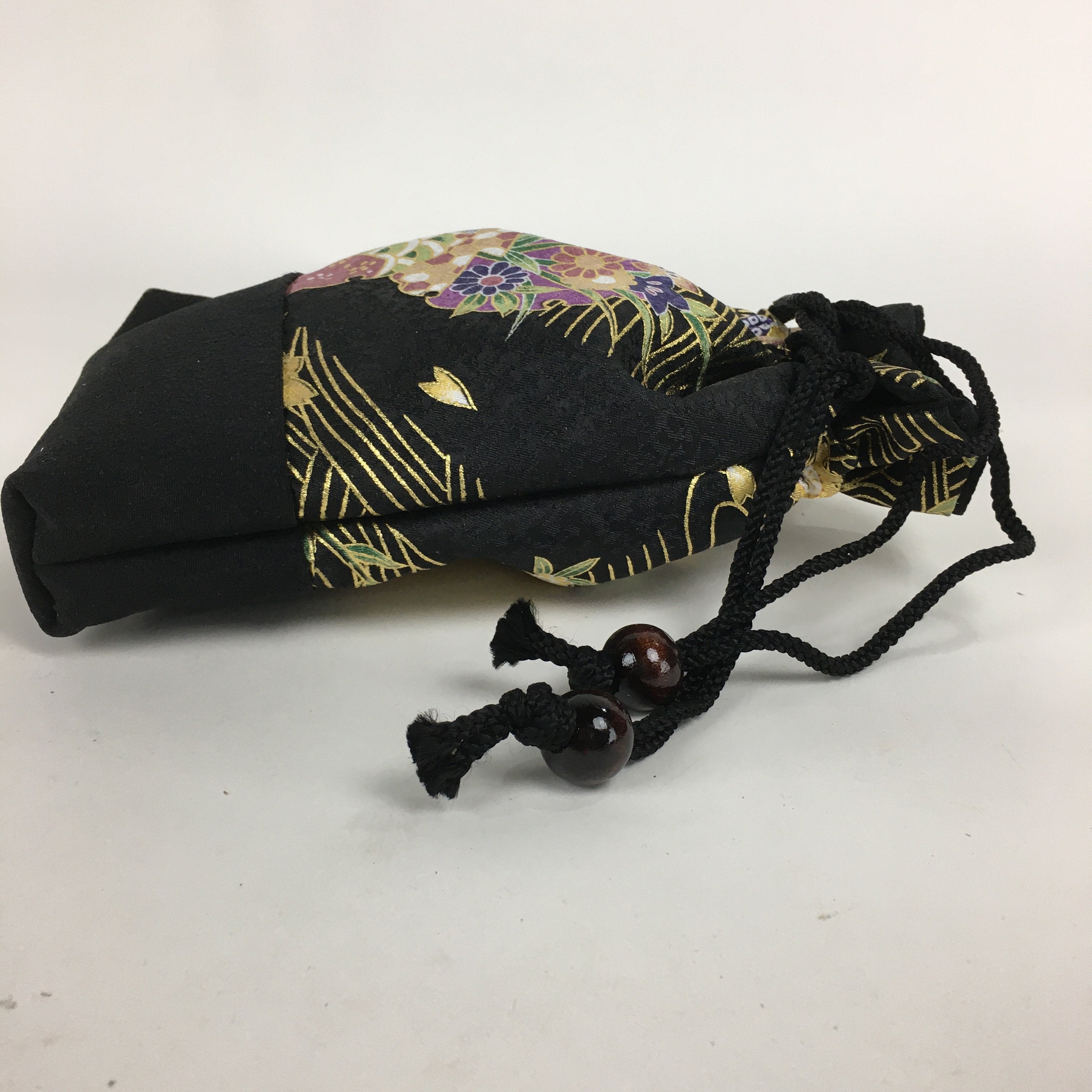 Japanese Cloth Drawstring Bag Vtg Kimono Fabric Pouch Black Kinchaku-Bukuro KB22