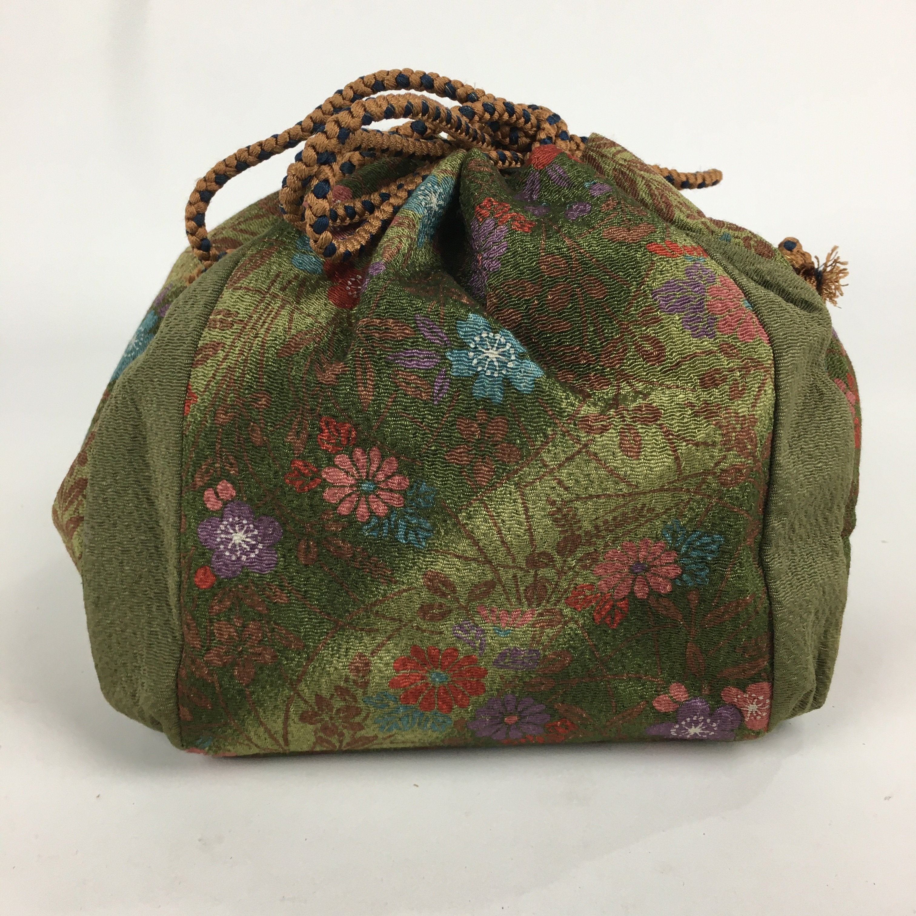 Japanese Cloth Drawstring Bag Vtg Kimono Fabric Pouch Black Kinchaku-Bukuro KB24