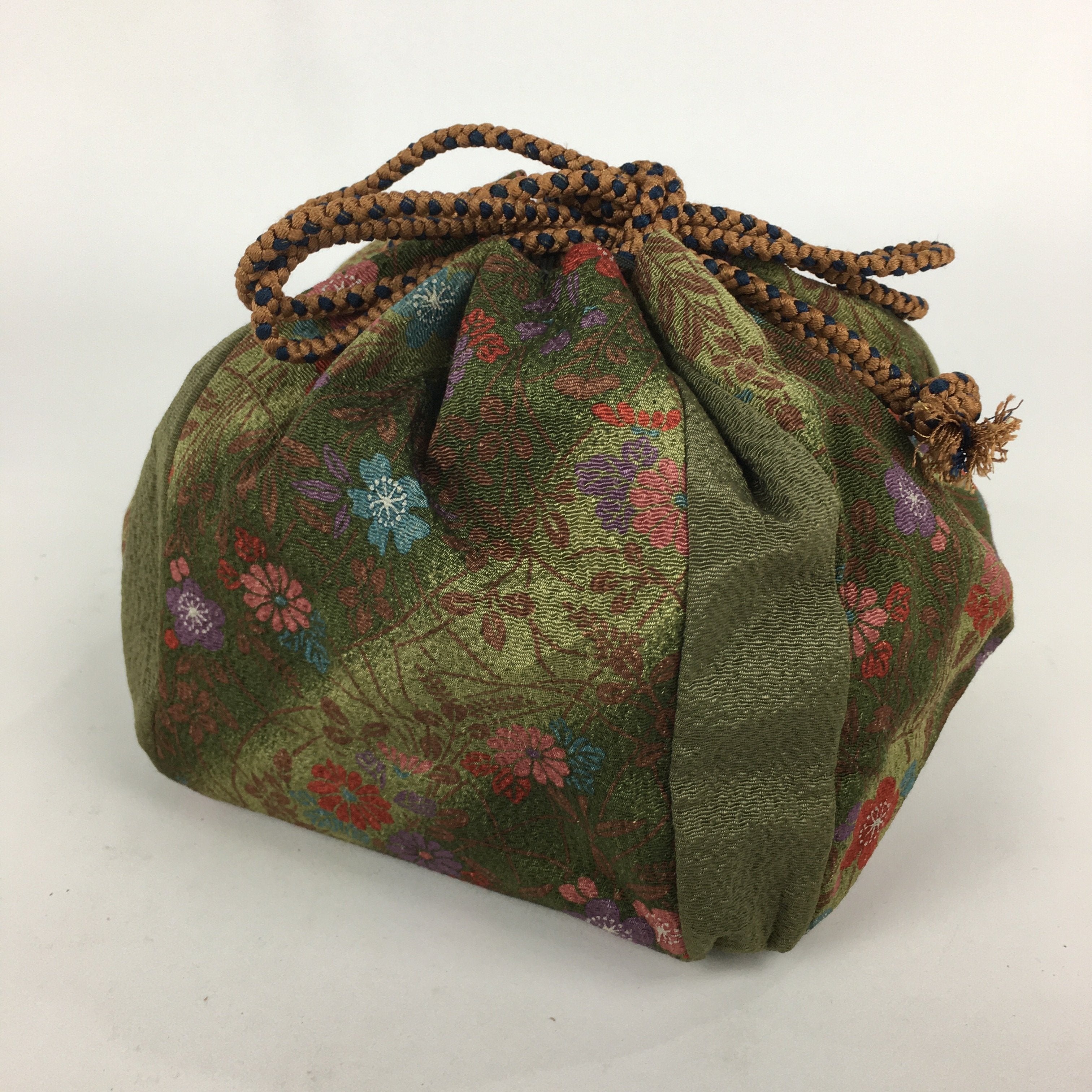Japanese Cloth Drawstring Bag Vtg Kimono Fabric Pouch Black Kinchaku-Bukuro KB24